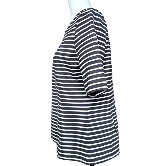 Anne Klein Black & White Stripeed Blouse Fitted Exposed Zip Elbow Sleeve Size LP - Picture 4 of 14
